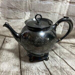 Antique Meriden Silver Plated Teapot Ornate Floral Engraving Hinged Lid Decor